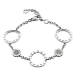 Silver bracelet with five circular letter-engraved links connected by chain, plus two textured bead accents and a lobster-claw clasp.