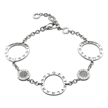 Silver bracelet with five circular letter-engraved links connected by chain, plus two textured bead accents and a lobster-claw clasp.