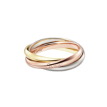 Close-up of intertwined Cartier rings in gold, rose gold, and white gold against a black backdrop.