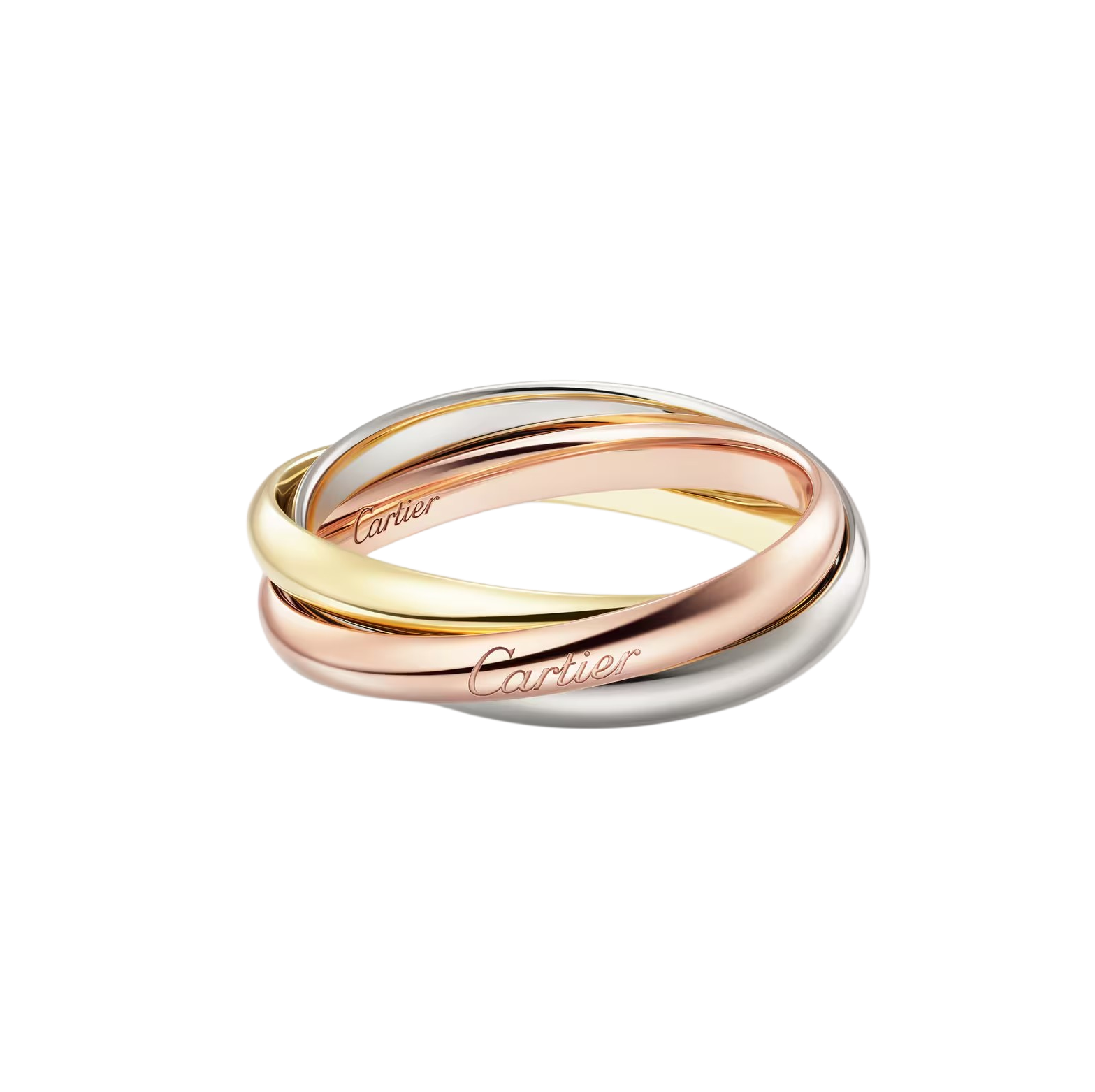 Close-up of intertwined Cartier rings in gold, rose gold, and white gold against a black backdrop.