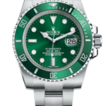 Rolex Submariner Date in stainless steel with green bezel and dial, date at 3, oyster bracelet.