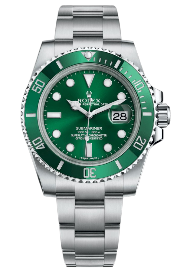 Rolex Submariner Date in stainless steel with green bezel and dial, date at 3, oyster bracelet.