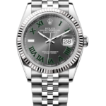 Rolex Oyster Perpetual Datejust wristwatch with a silver band and gray dial showing date 28 and green Roman numerals against a black background.