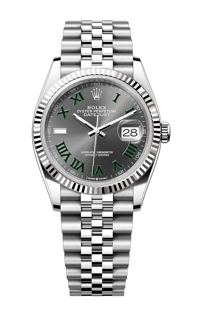 Rolex Oyster Perpetual Datejust wristwatch with a silver band and gray dial showing date 28 and green Roman numerals against a black background.