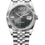 Rolex Oyster Perpetual Datejust wristwatch with a silver band and gray dial showing date 28 and green Roman numerals against a black background.
