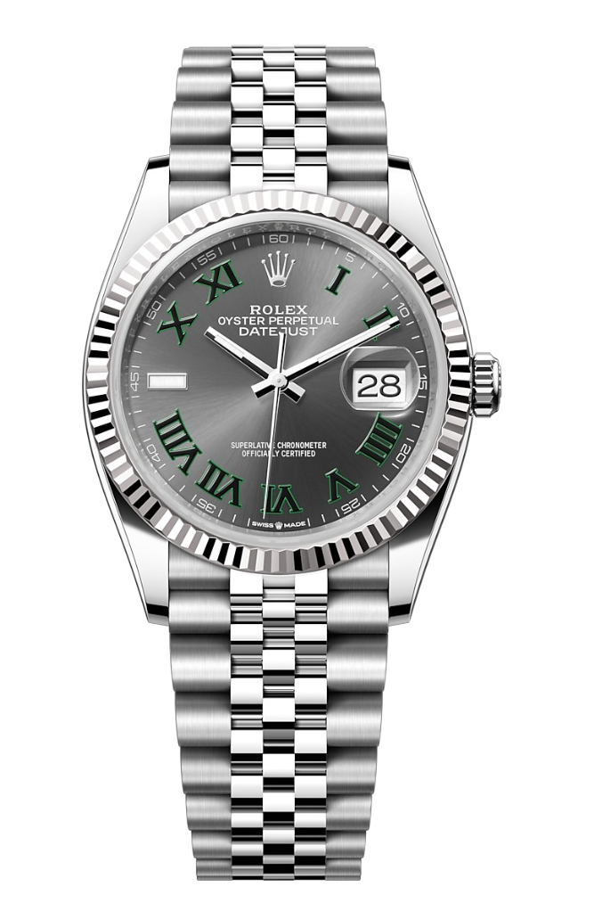 Rolex Oyster Perpetual Datejust wristwatch with a silver band and gray dial showing date 28 and green Roman numerals against a black background.