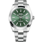 Rolex Datejust stainless steel wristwatch with a green dial, date window at 3, and an Oyster bracelet against a black background.