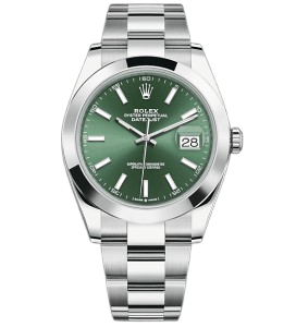 Rolex Datejust stainless steel wristwatch with a green dial, date window at 3, and an Oyster bracelet against a black background.