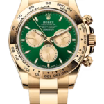 Gold Rolex Daytona wristwatch with a green dial and three gold subdials.