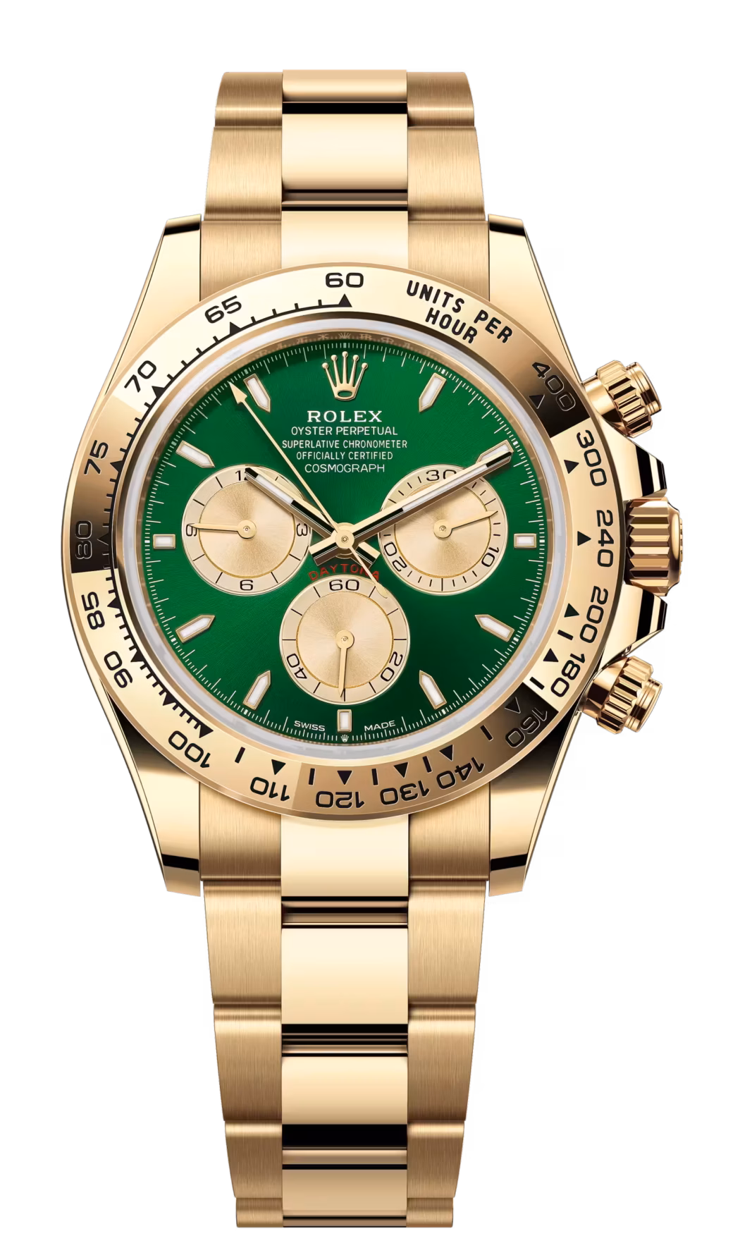 Gold Rolex Daytona wristwatch with a green dial and three gold subdials.