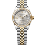 Two-tone Rolex Datejust wristwatch with diamond bezel and diamond-hour markers, silver dial, and date window at 3 o'clock.