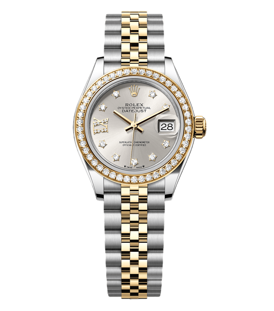 Two-tone Rolex Datejust wristwatch with diamond bezel and diamond-hour markers, silver dial, and date window at 3 o'clock.