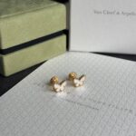 Gold butterfly-shaped earrings with white enamel centers resting on a patterned surface, with a pale green velvet box and a Van Cleef & Arpels box in the background.