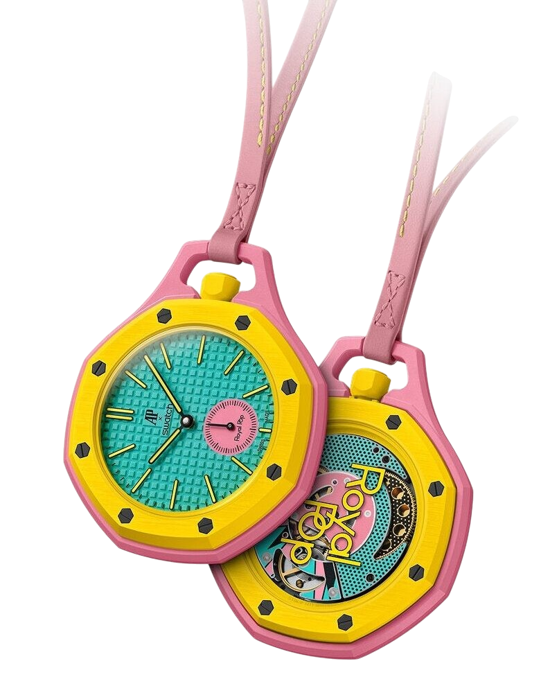Two colorful wristwatches with pink cases, yellow bezels, turquoise dials, pink straps, overlapping on a black background.