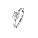 Silver ring with a round-cut solitaire diamond on a black background (engagement ring)