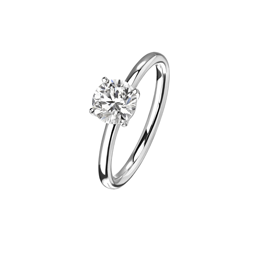 Silver ring with a round-cut solitaire diamond on a black background (engagement ring)