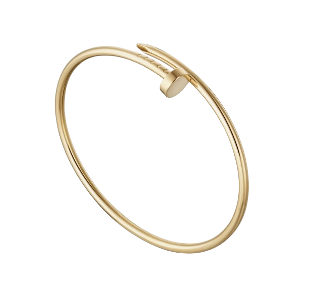 Gold open cuff bracelet with a small clasp, rotated to show the minimalist design.