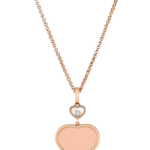 Rose gold chain necklace with a two-heart pendant: a small white-heart top piece with a diamond, and a larger pink heart below on a matching chain.