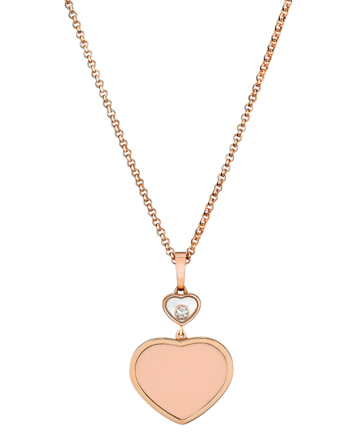 Rose gold chain necklace with a two-heart pendant: a small white-heart top piece with a diamond, and a larger pink heart below on a matching chain.