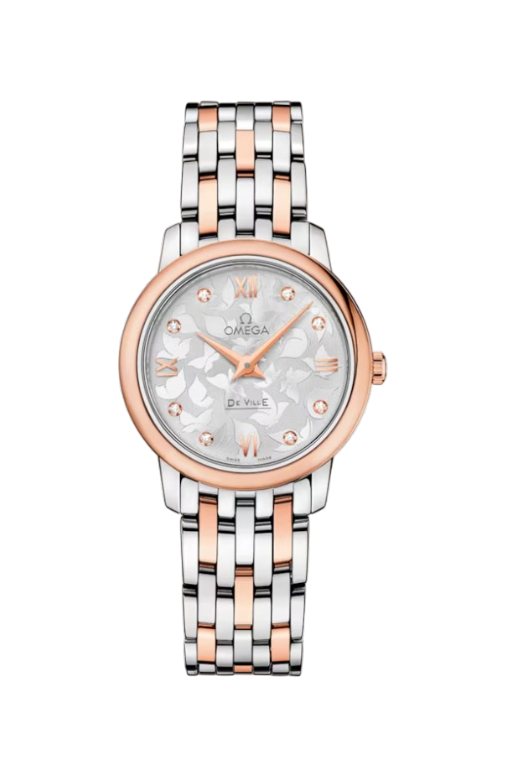 Omega De Ville two-tone wristwatch with rose-gold bezel, silver patterned dial and diamond hour markers.